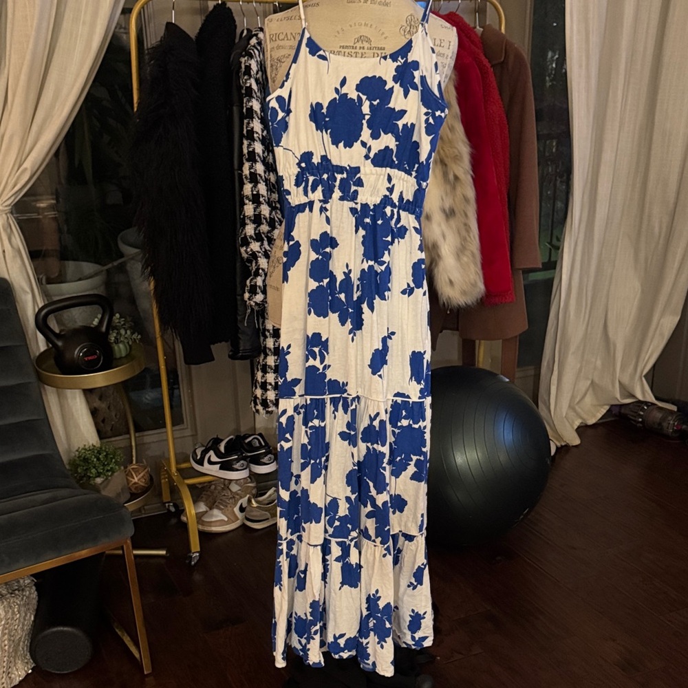 Cynthia Rowley Blue White Floral Maxi Dress w/ hand pockets adjustable straps XS - Picture 10 of 14